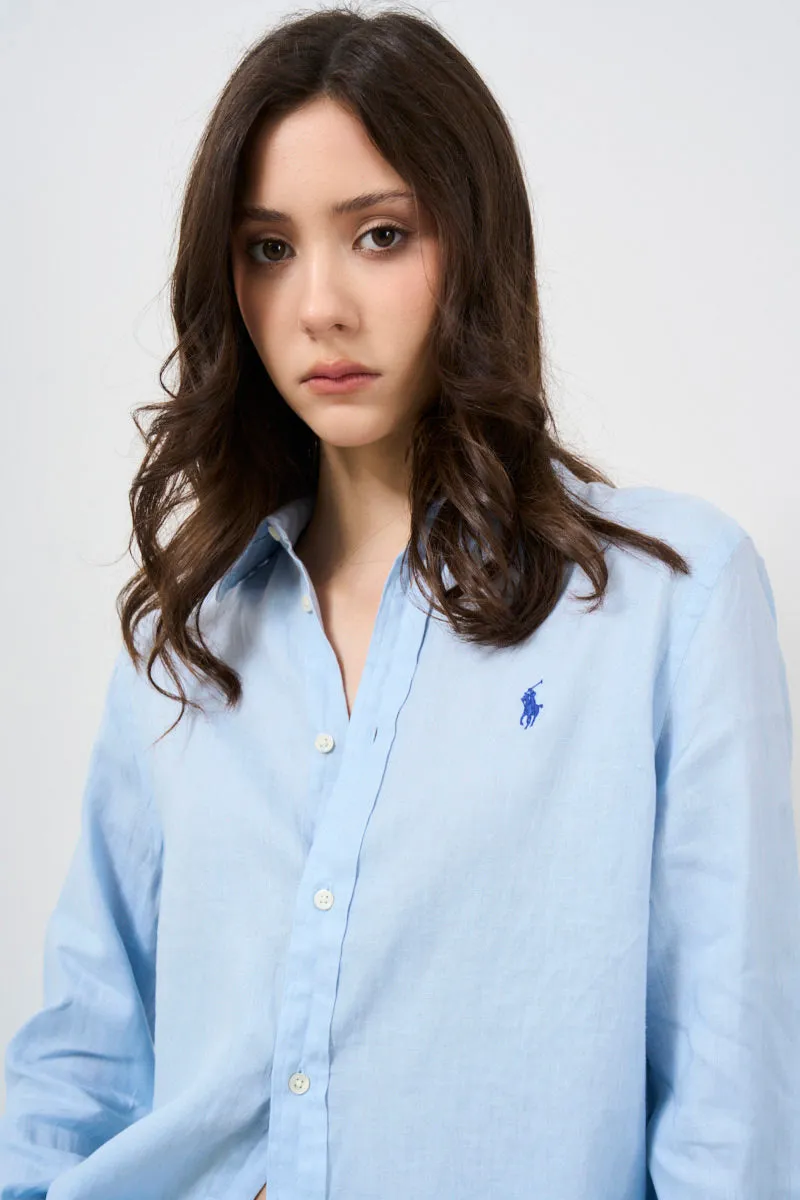 Camicia in lino celeste con logo