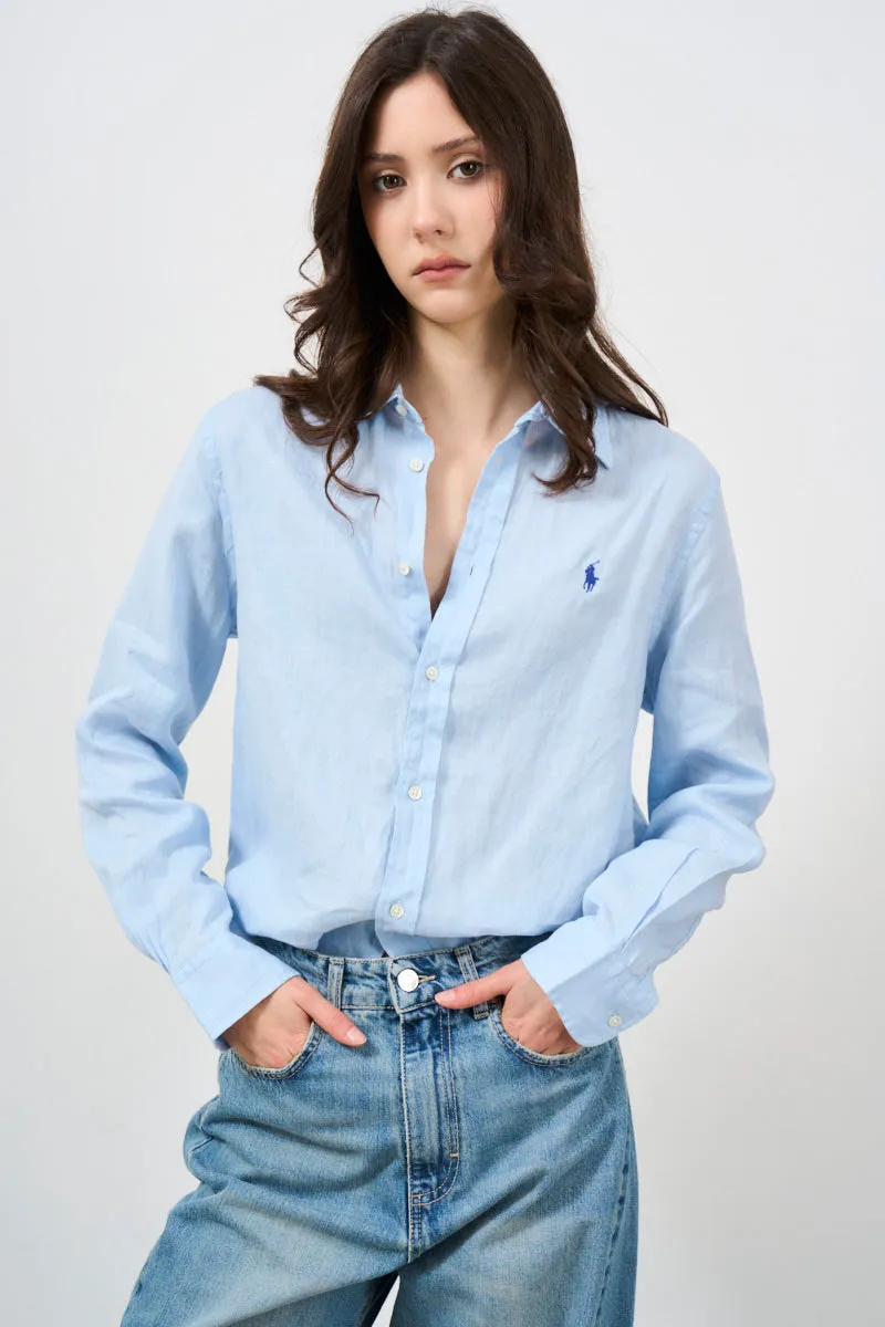 Camicia in lino celeste con logo