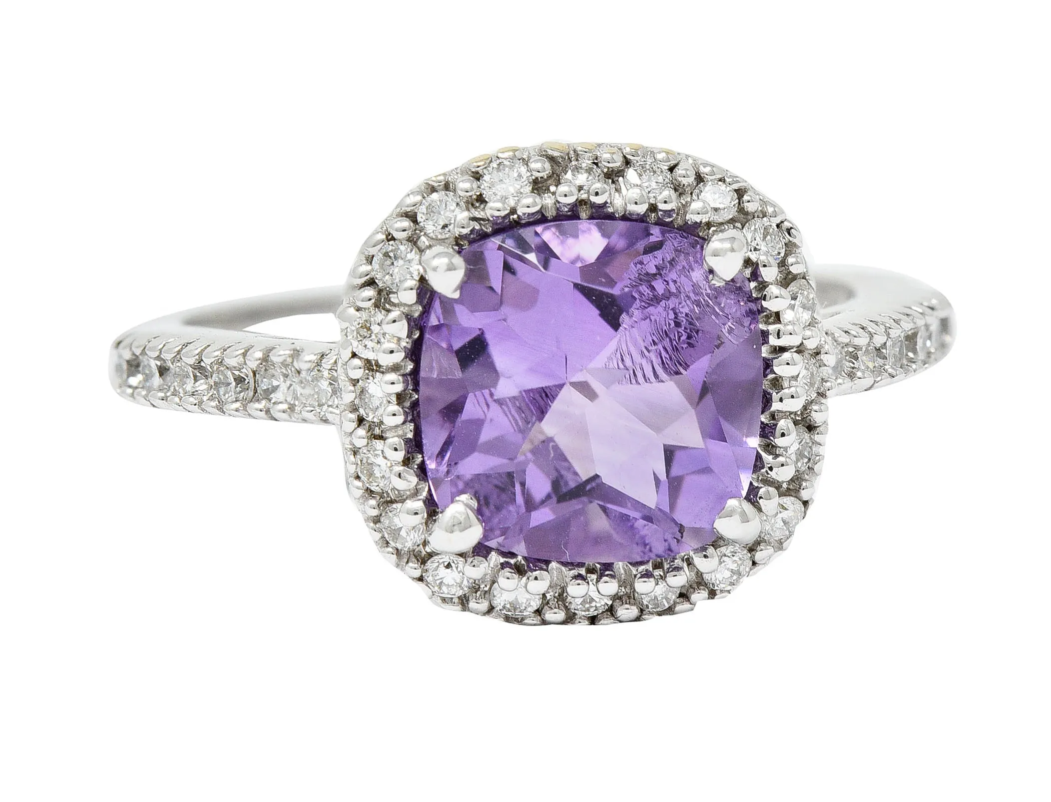 Checkerboard Amethyst Diamond Halo 18 Karat White Gold Gemstone Ring