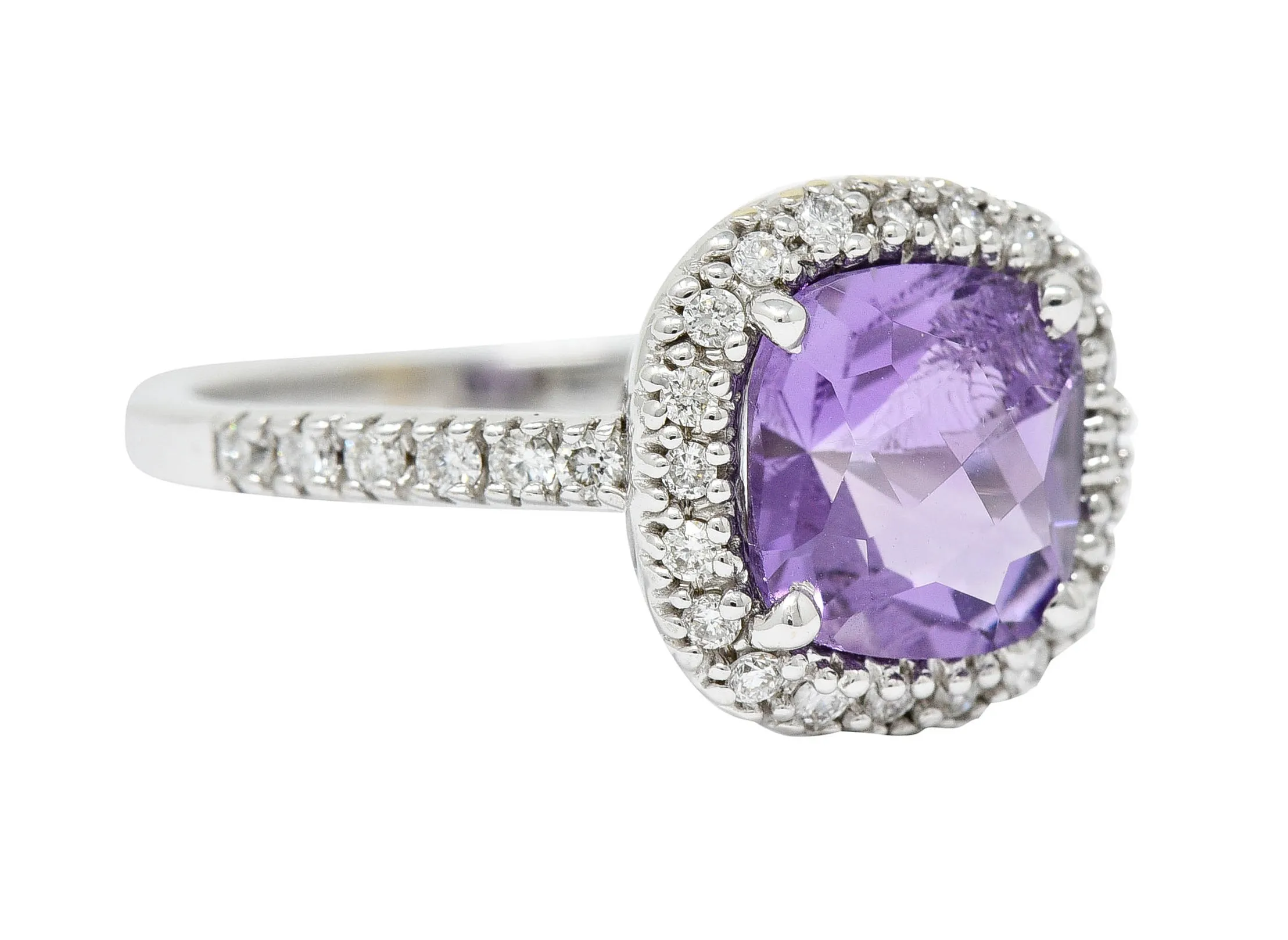 Checkerboard Amethyst Diamond Halo 18 Karat White Gold Gemstone Ring