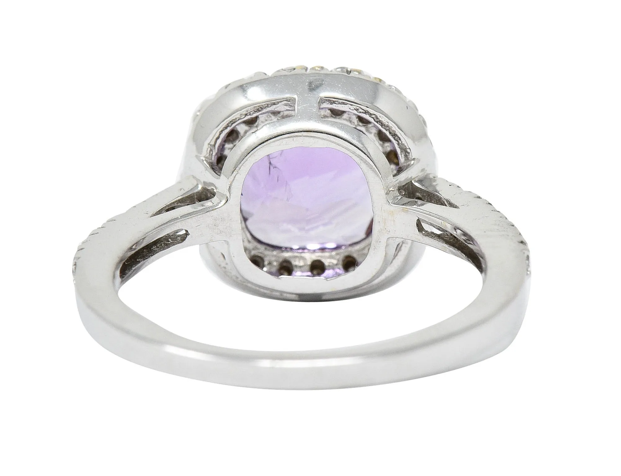 Checkerboard Amethyst Diamond Halo 18 Karat White Gold Gemstone Ring