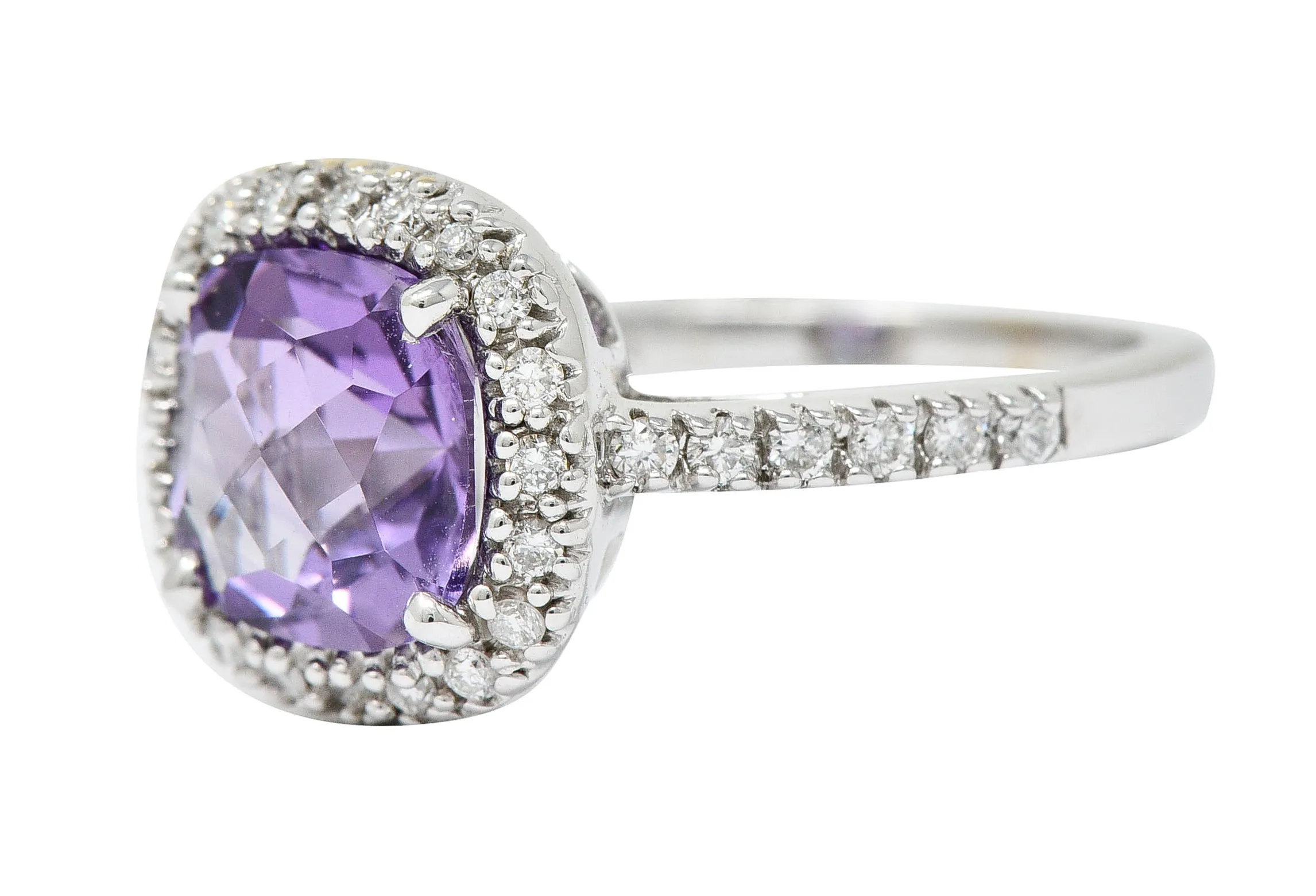 Checkerboard Amethyst Diamond Halo 18 Karat White Gold Gemstone Ring