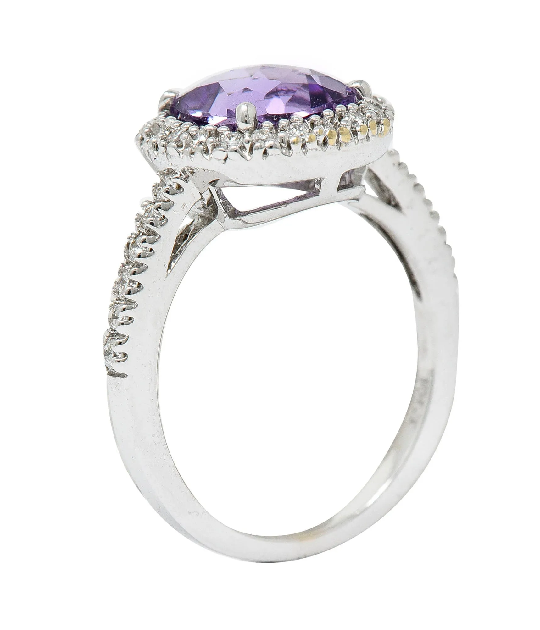 Checkerboard Amethyst Diamond Halo 18 Karat White Gold Gemstone Ring