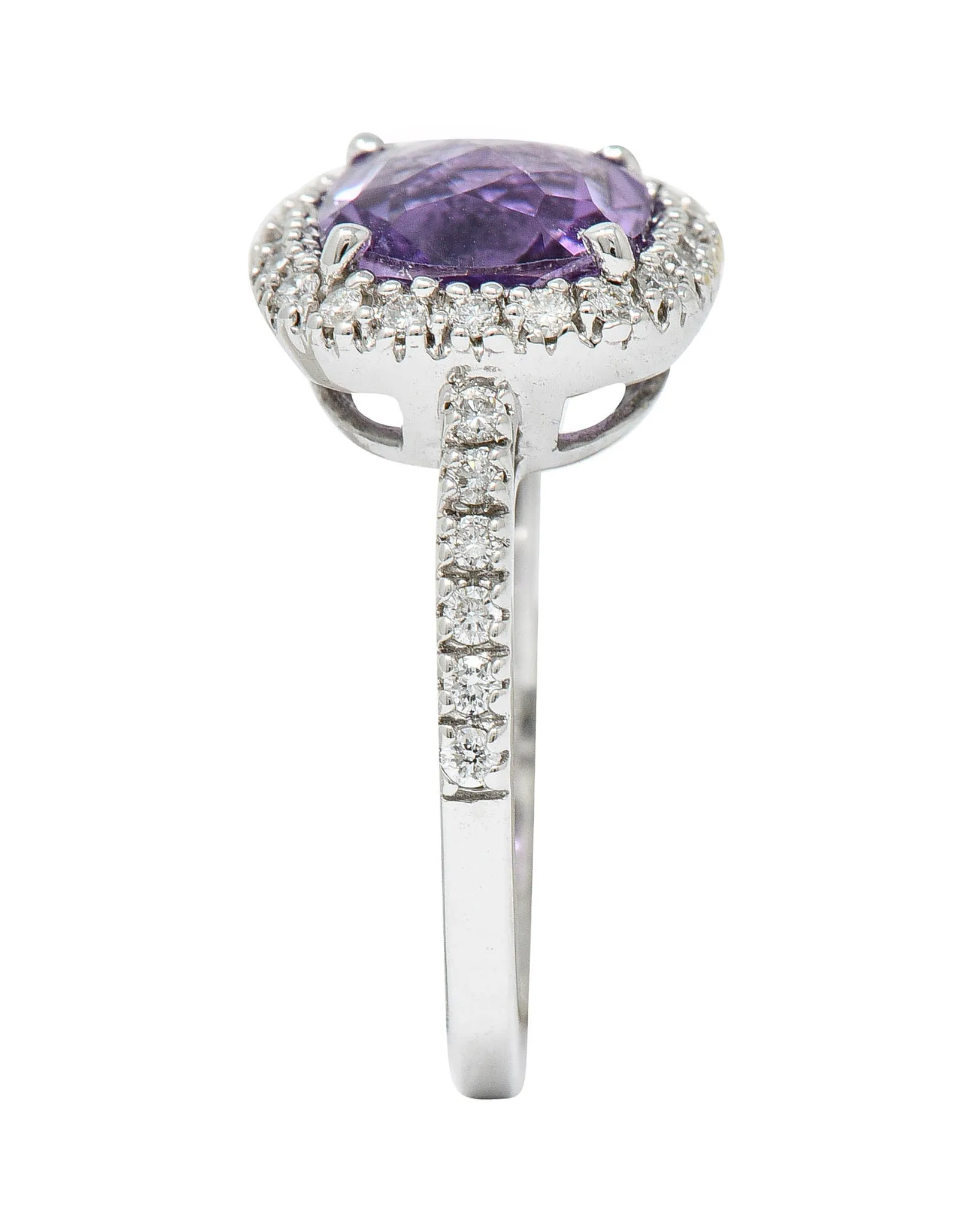 Checkerboard Amethyst Diamond Halo 18 Karat White Gold Gemstone Ring