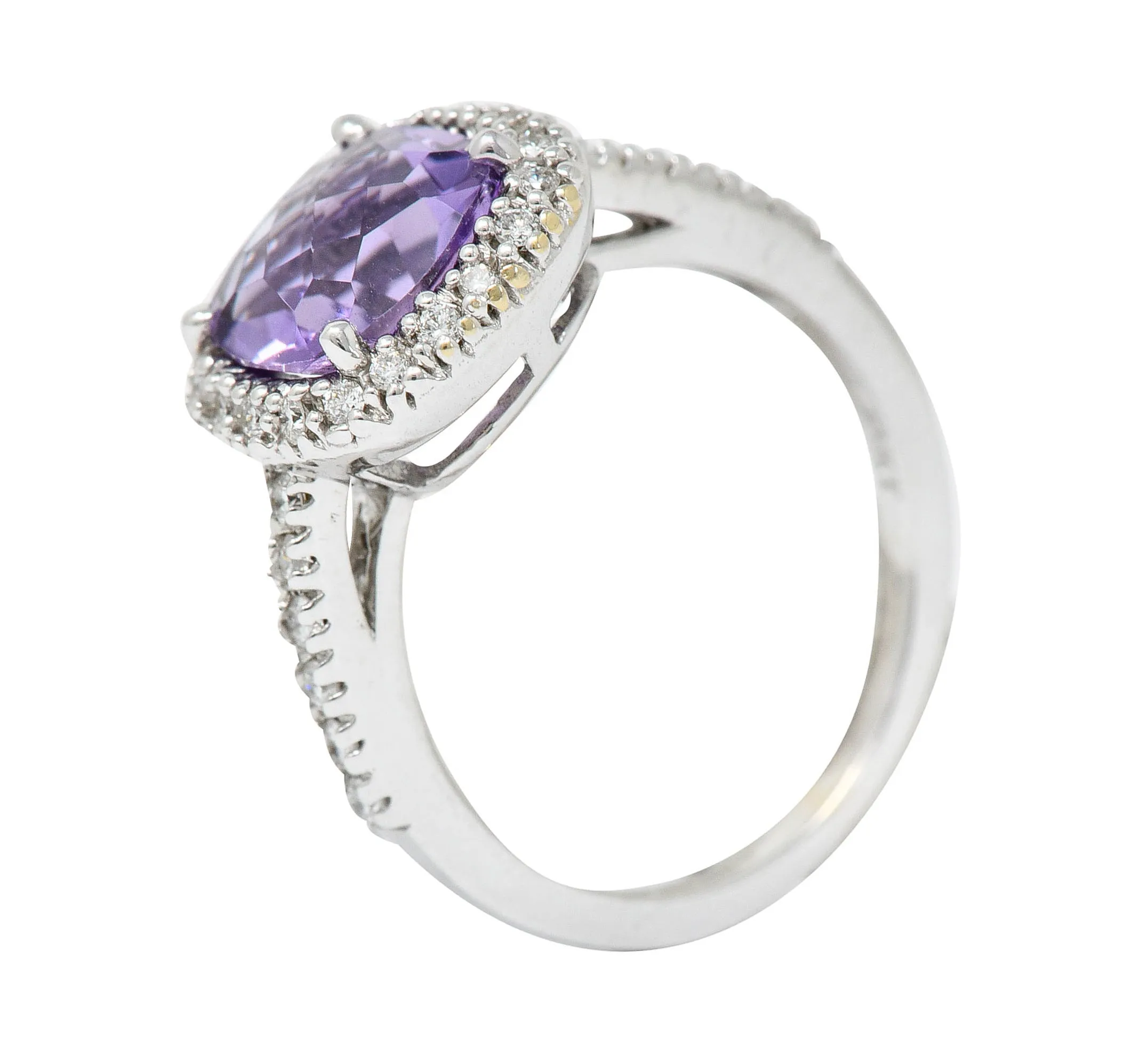 Checkerboard Amethyst Diamond Halo 18 Karat White Gold Gemstone Ring