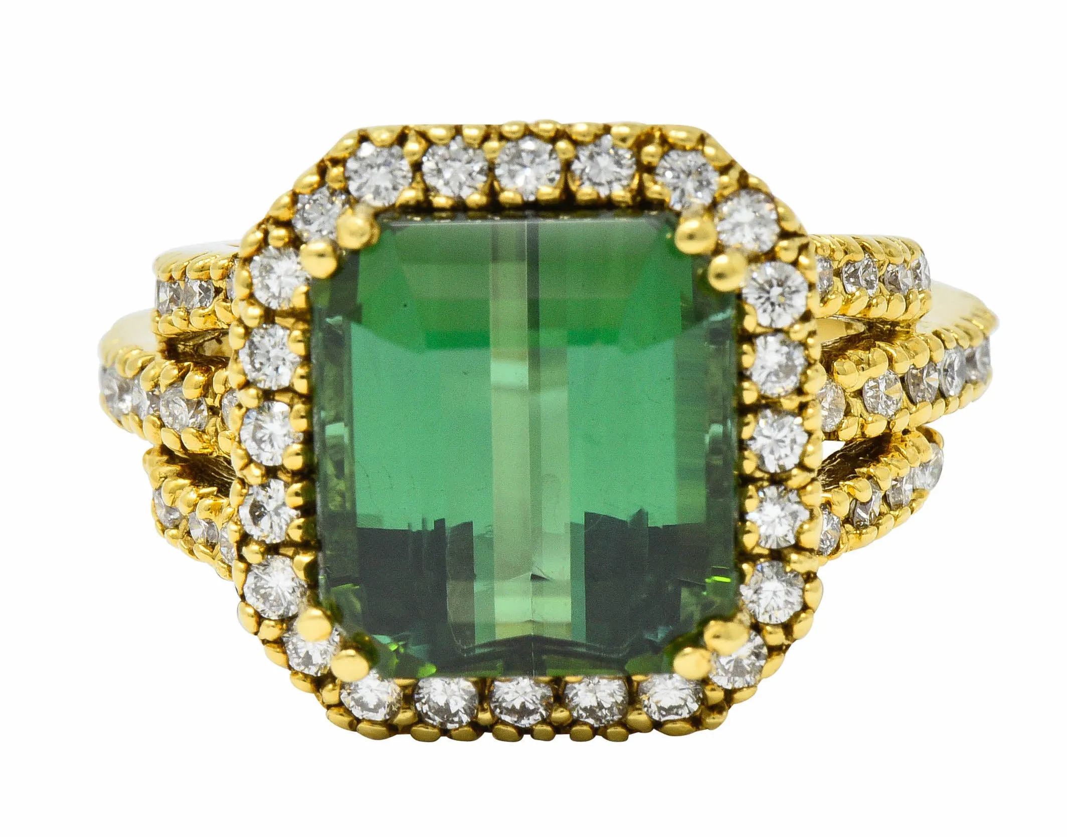 Green Tourmaline Diamond Halo 18 Karat Gold Cocktail Ring