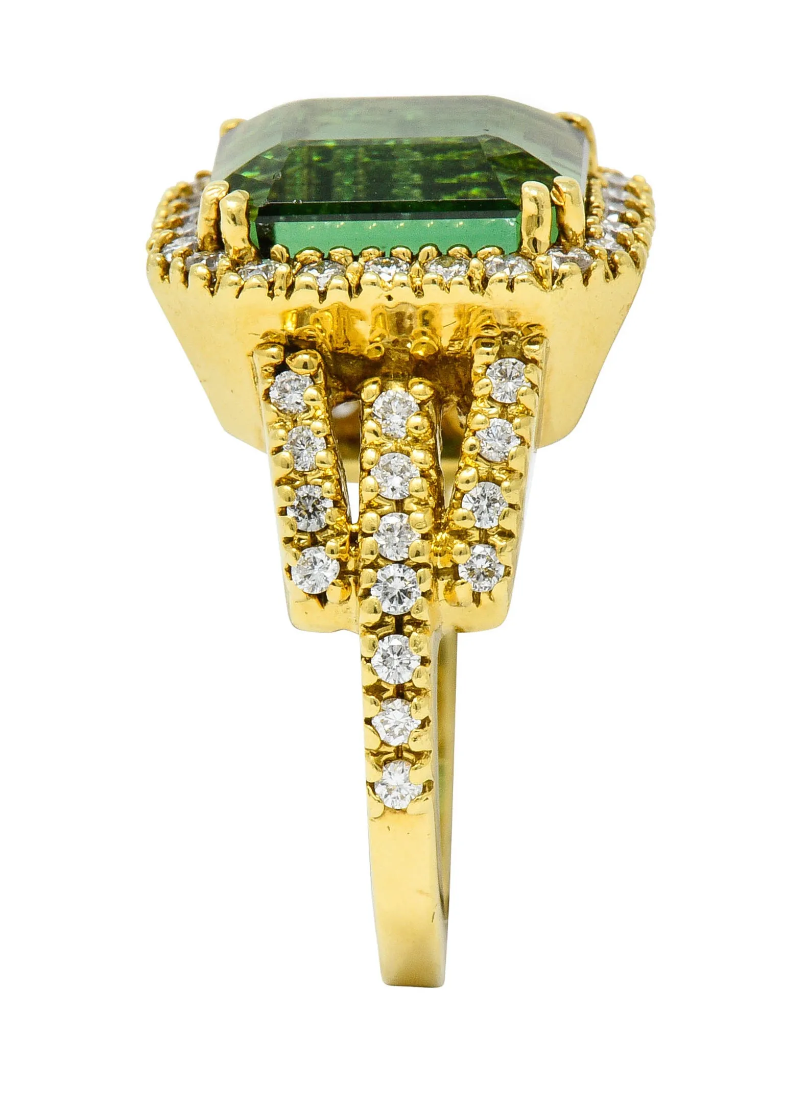 Green Tourmaline Diamond Halo 18 Karat Gold Cocktail Ring