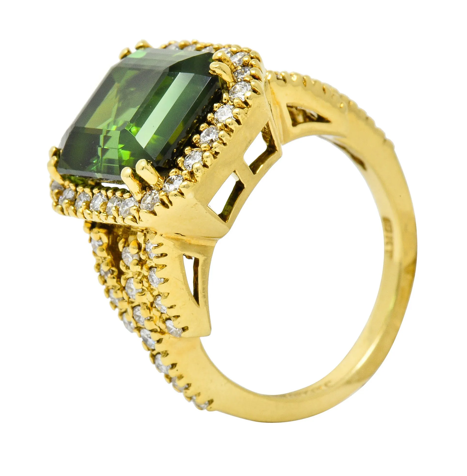 Green Tourmaline Diamond Halo 18 Karat Gold Cocktail Ring