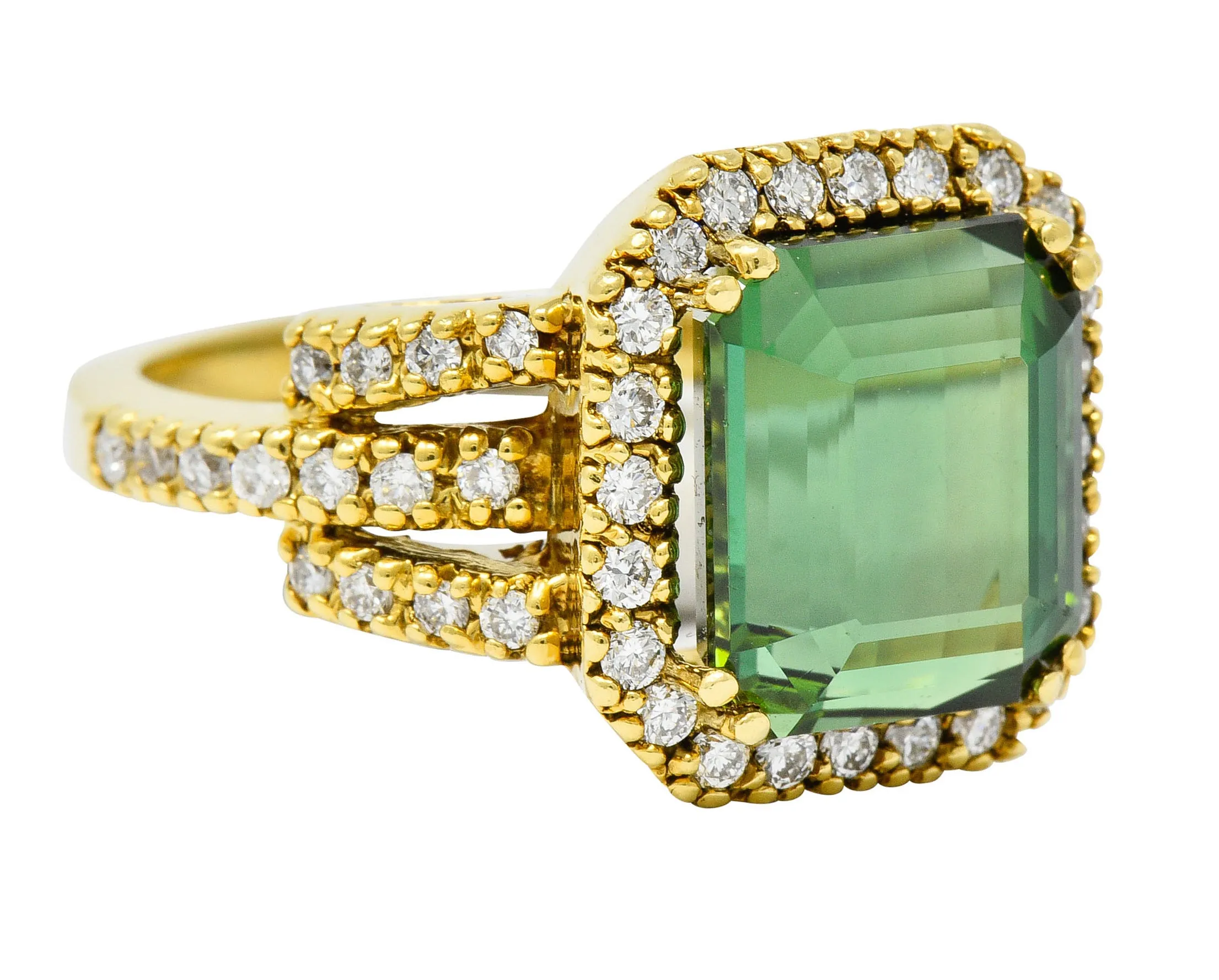 Green Tourmaline Diamond Halo 18 Karat Gold Cocktail Ring