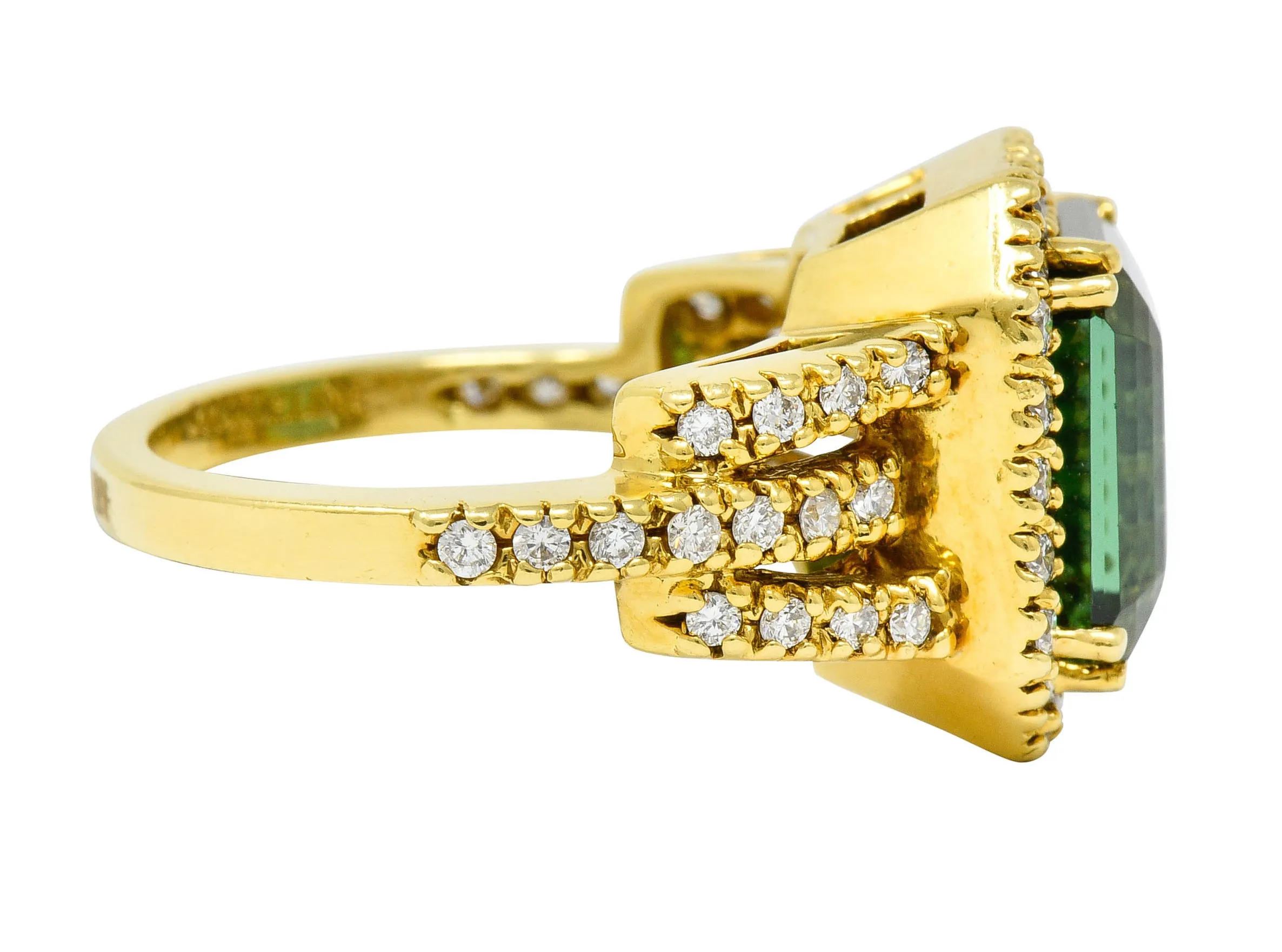 Green Tourmaline Diamond Halo 18 Karat Gold Cocktail Ring