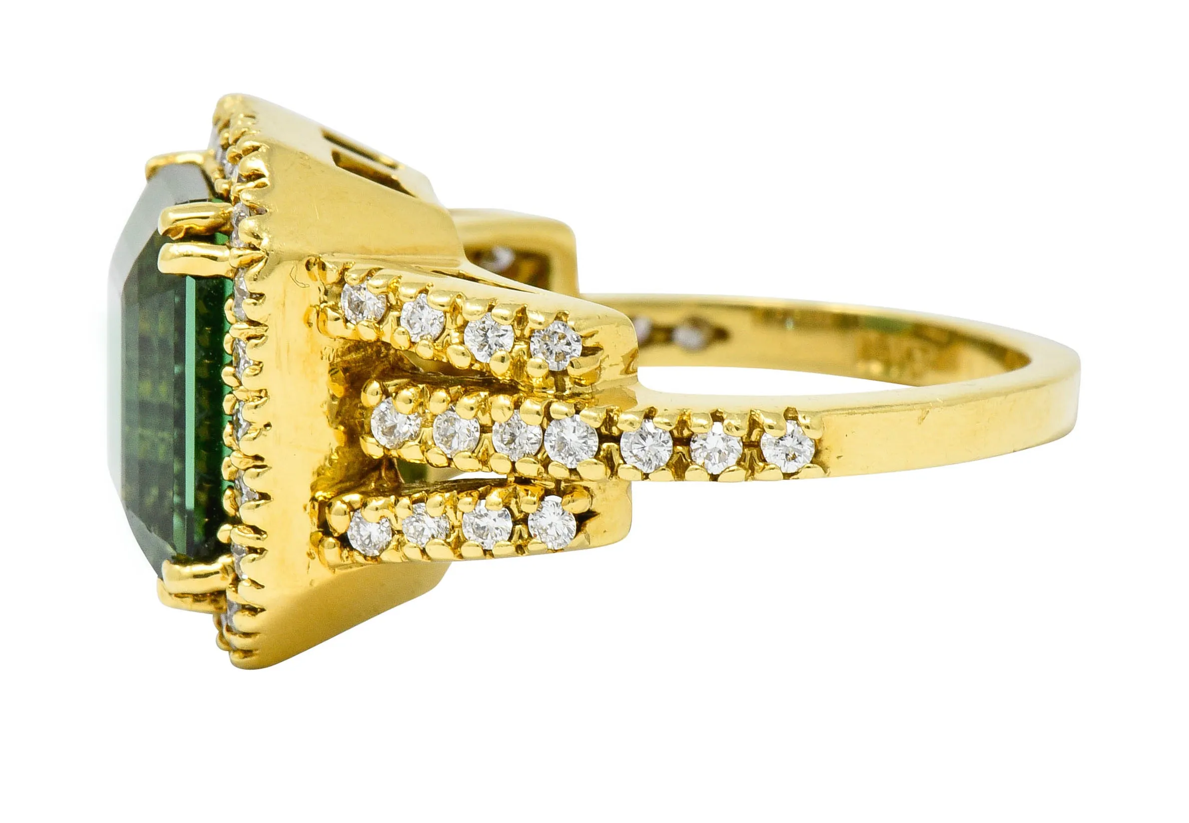 Green Tourmaline Diamond Halo 18 Karat Gold Cocktail Ring