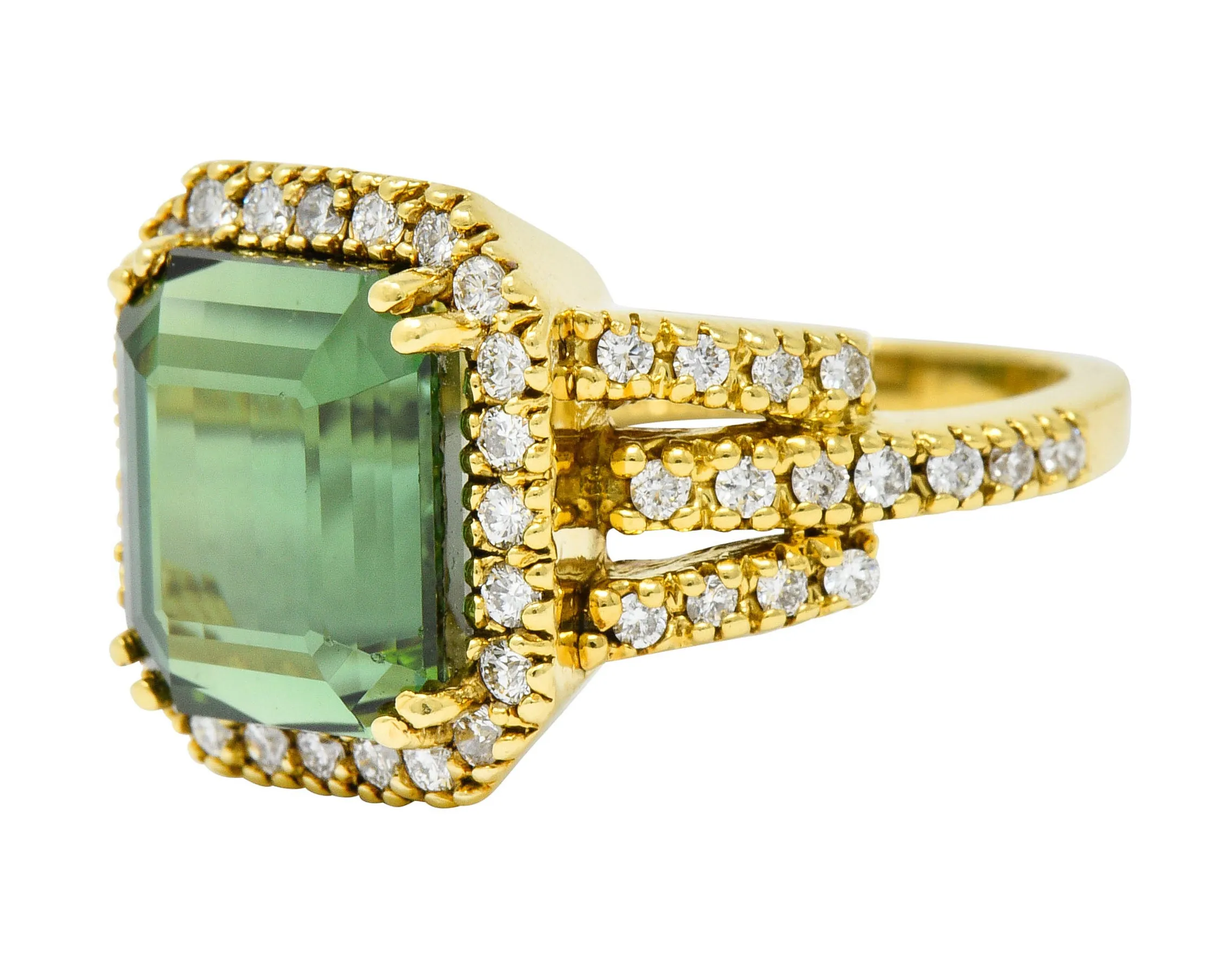 Green Tourmaline Diamond Halo 18 Karat Gold Cocktail Ring