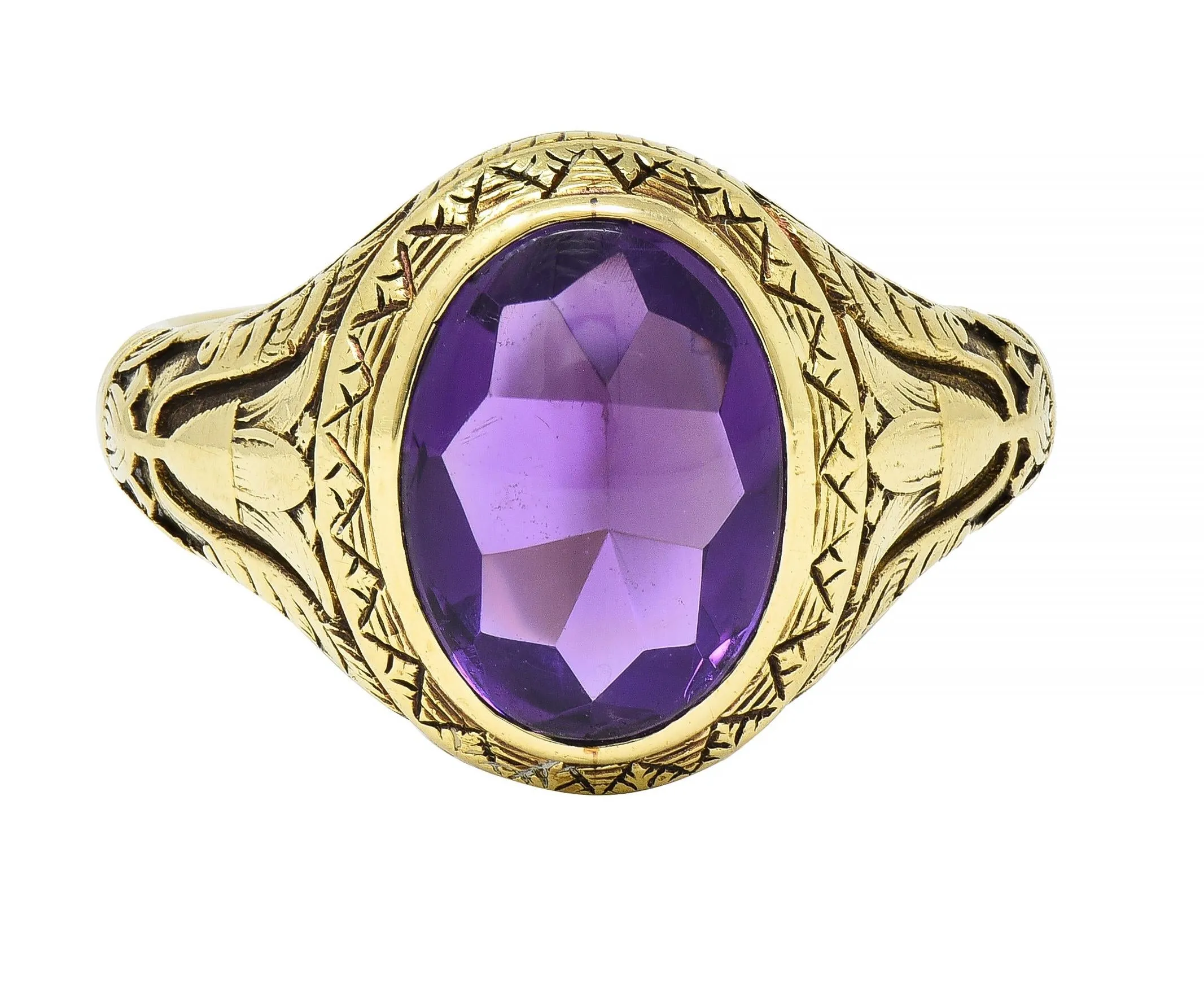 Jones & Woodland Art Nouveau Egyptian Revival Amethyst 14 Karat Gold Antique Unisex Lotus Ring