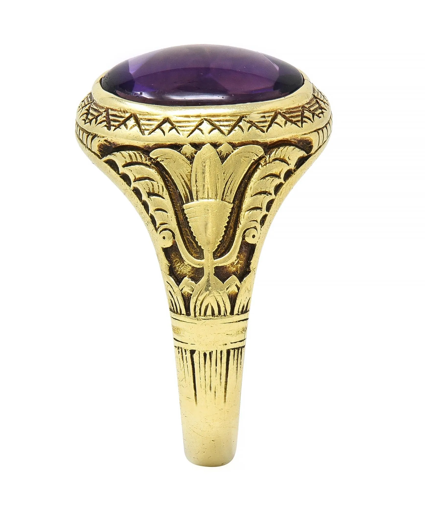 Jones & Woodland Art Nouveau Egyptian Revival Amethyst 14 Karat Gold Antique Unisex Lotus Ring