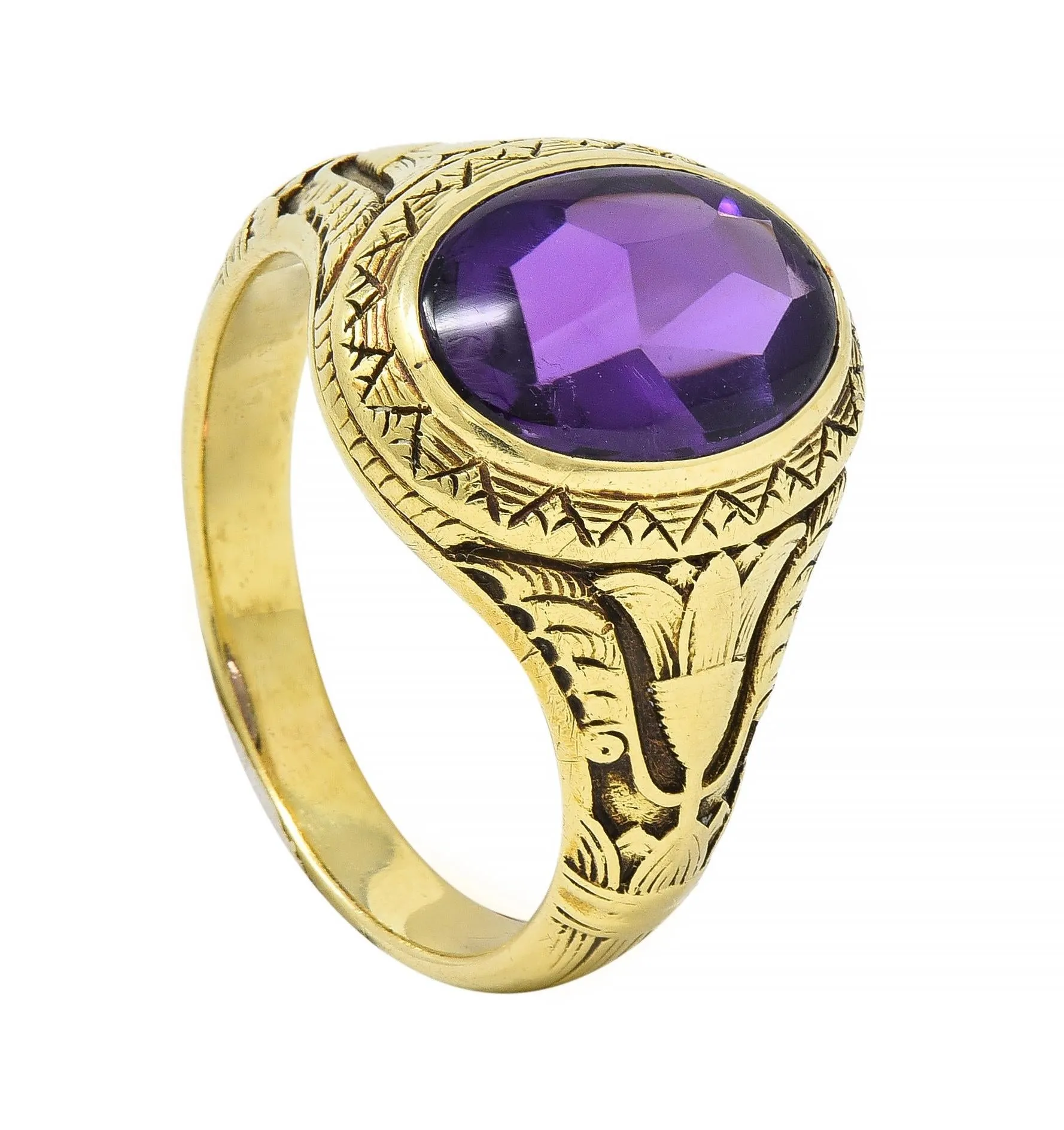 Jones & Woodland Art Nouveau Egyptian Revival Amethyst 14 Karat Gold Antique Unisex Lotus Ring