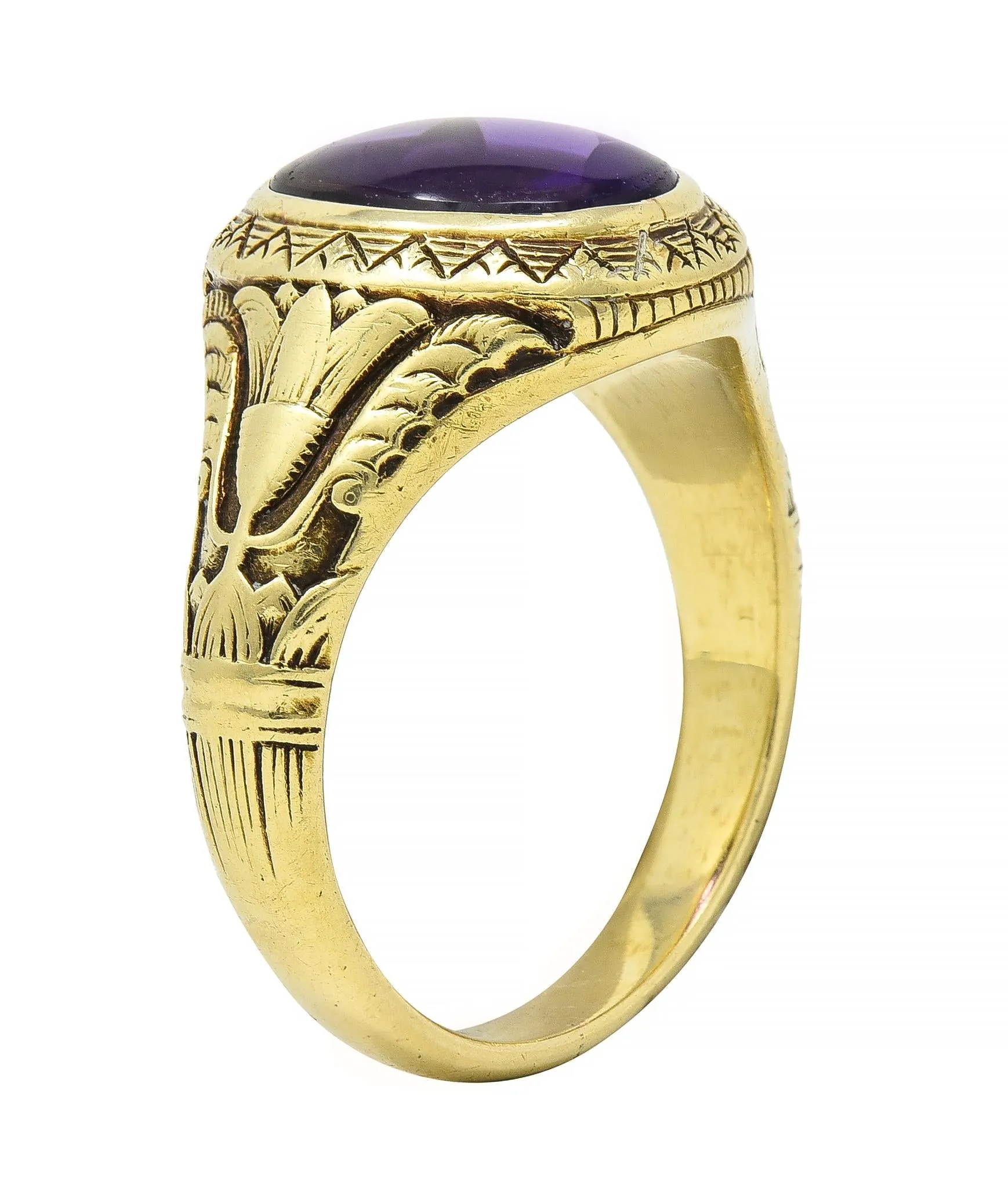 Jones & Woodland Art Nouveau Egyptian Revival Amethyst 14 Karat Gold Antique Unisex Lotus Ring