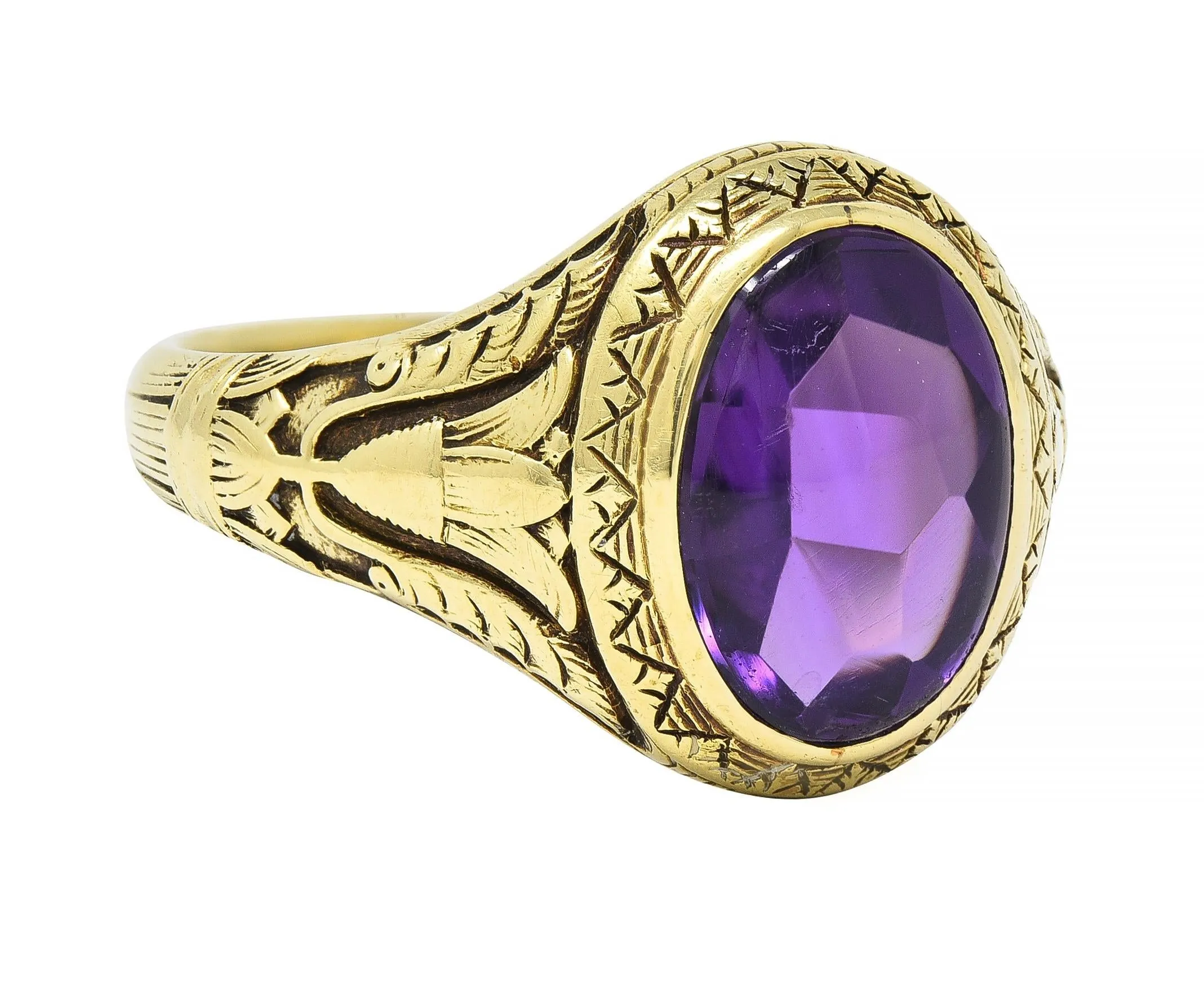 Jones & Woodland Art Nouveau Egyptian Revival Amethyst 14 Karat Gold Antique Unisex Lotus Ring