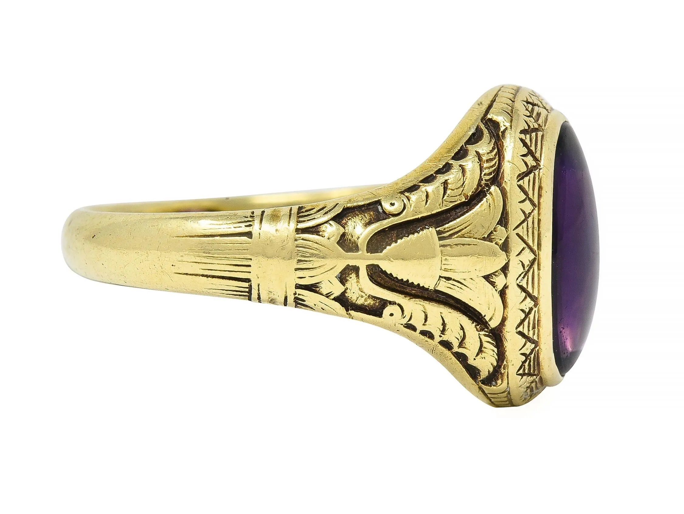 Jones & Woodland Art Nouveau Egyptian Revival Amethyst 14 Karat Gold Antique Unisex Lotus Ring