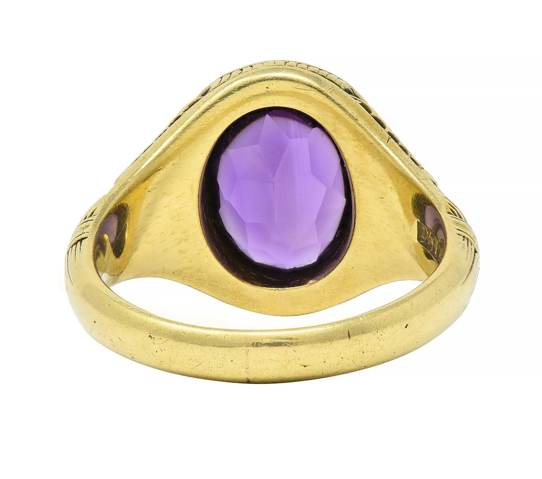 Jones & Woodland Art Nouveau Egyptian Revival Amethyst 14 Karat Gold Antique Unisex Lotus Ring