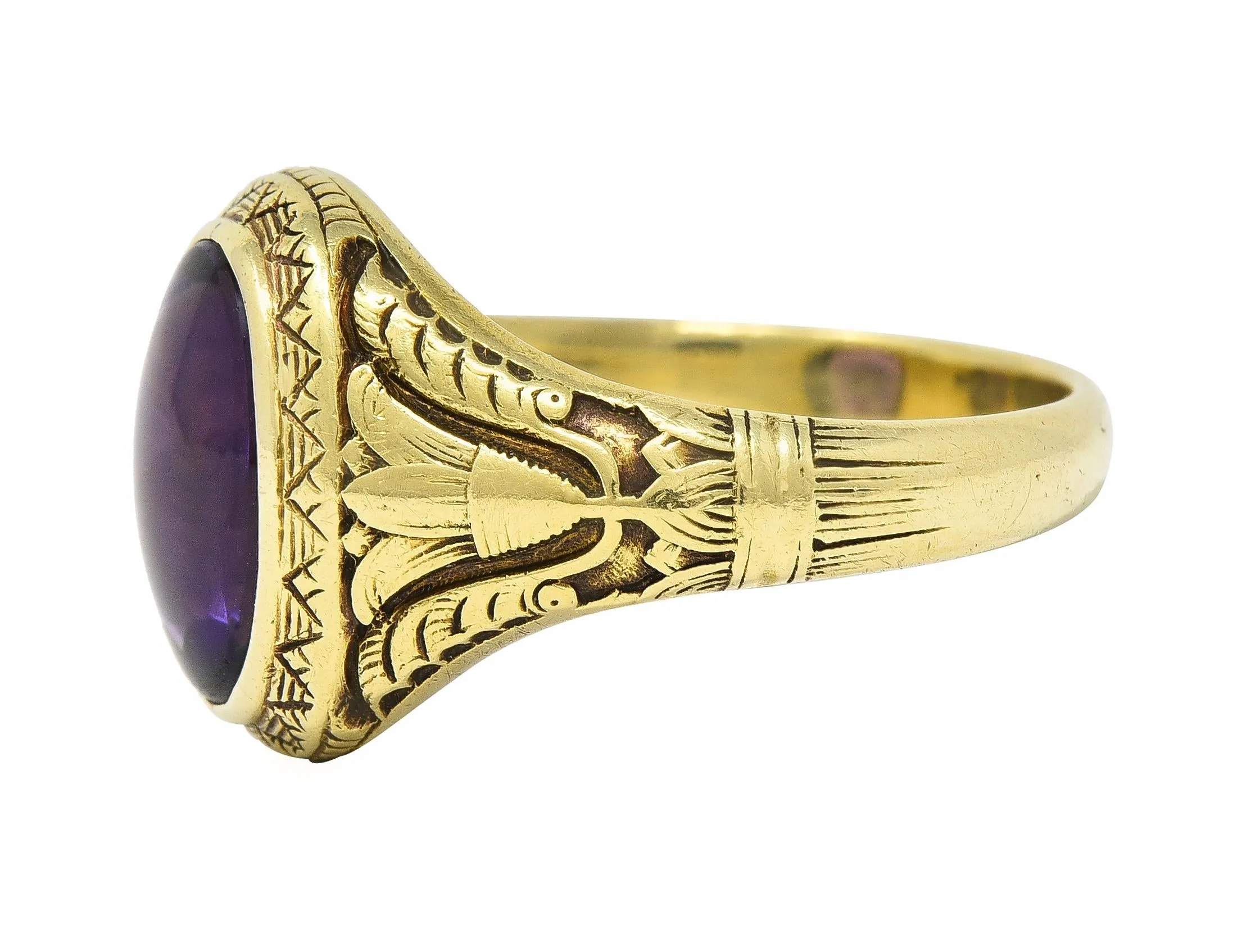 Jones & Woodland Art Nouveau Egyptian Revival Amethyst 14 Karat Gold Antique Unisex Lotus Ring