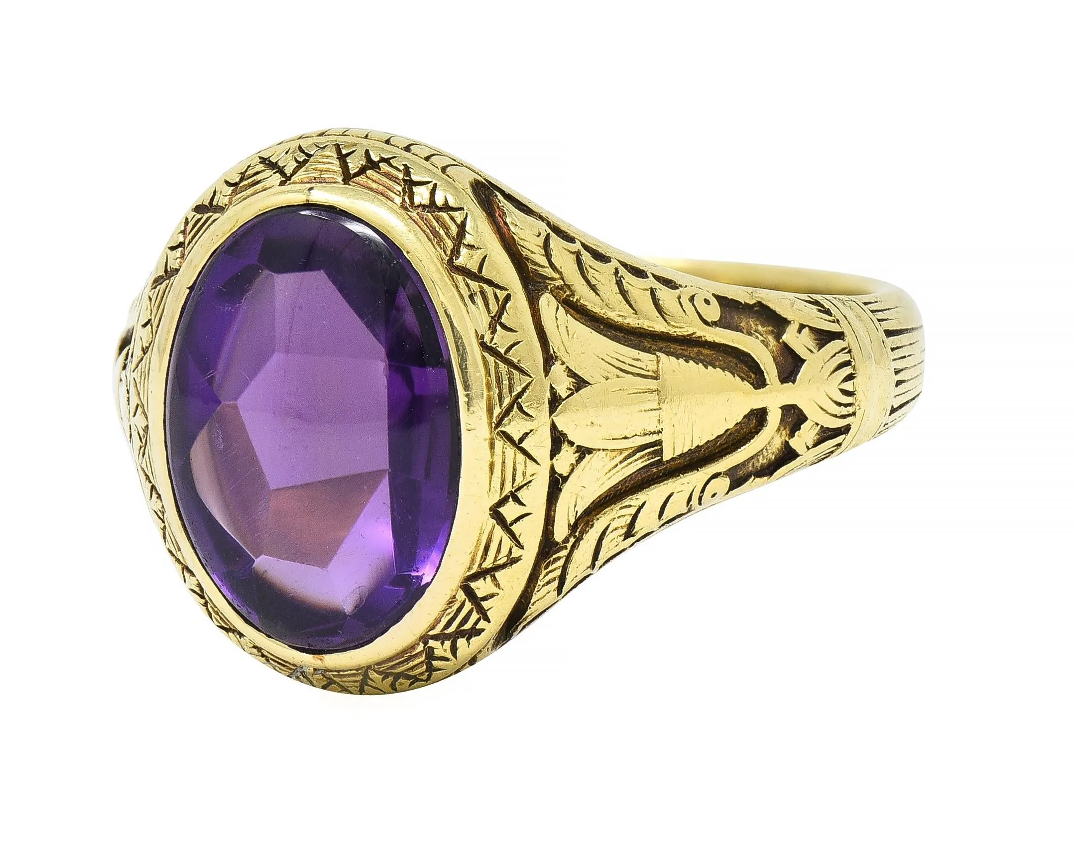 Jones & Woodland Art Nouveau Egyptian Revival Amethyst 14 Karat Gold Antique Unisex Lotus Ring