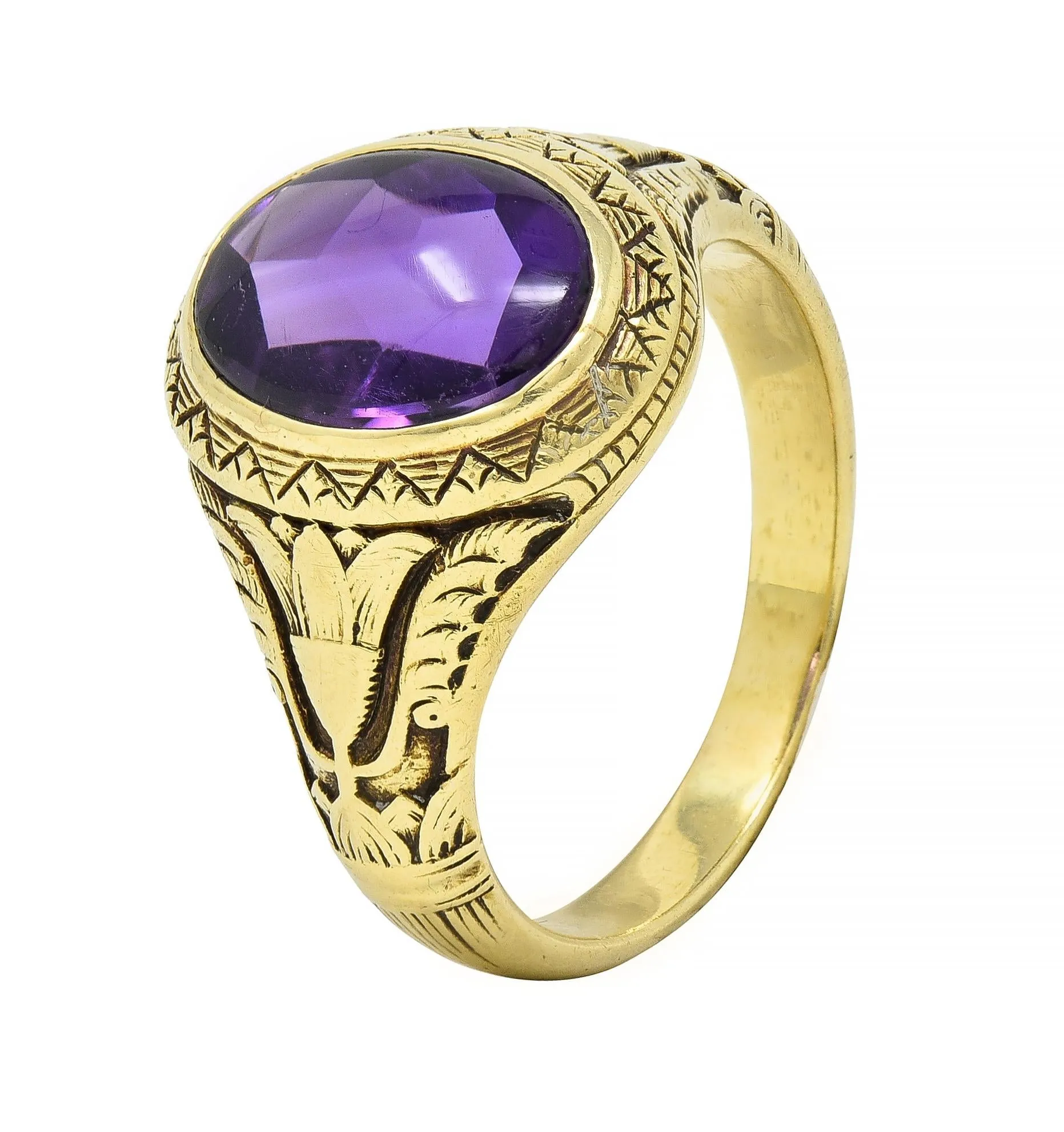 Jones & Woodland Art Nouveau Egyptian Revival Amethyst 14 Karat Gold Antique Unisex Lotus Ring