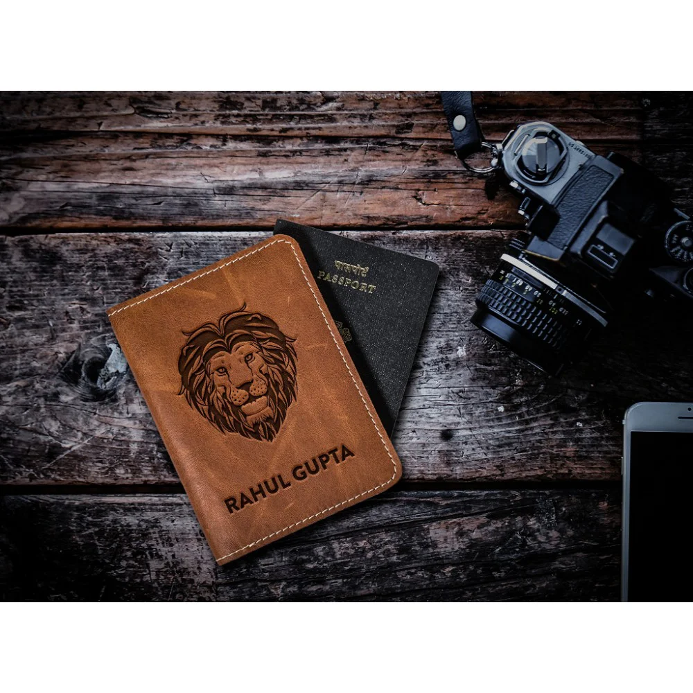 Lion Design Leather Personalized Passport Cover