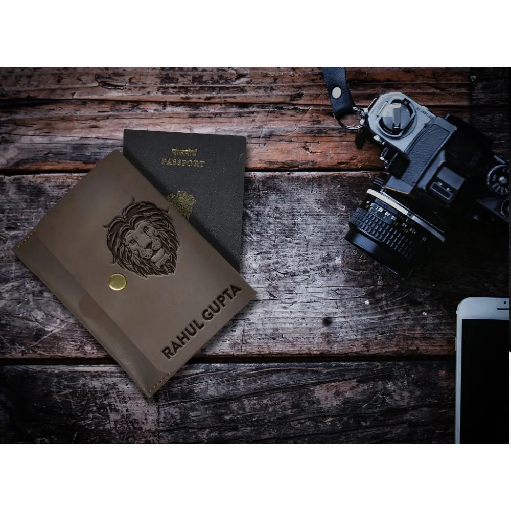 Lion Design Leather Personalized Passport Cover