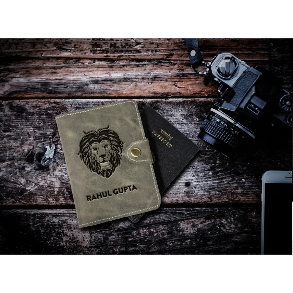 Lion Design Leather Personalized Passport Cover