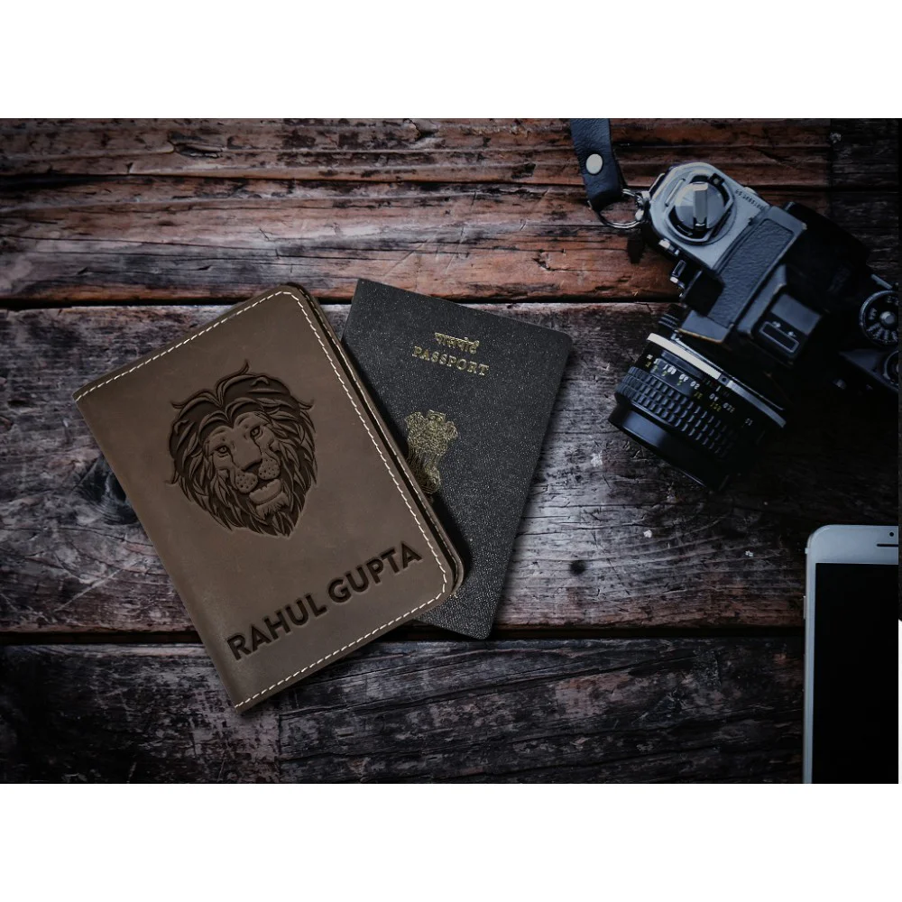 Lion Design Leather Personalized Passport Cover