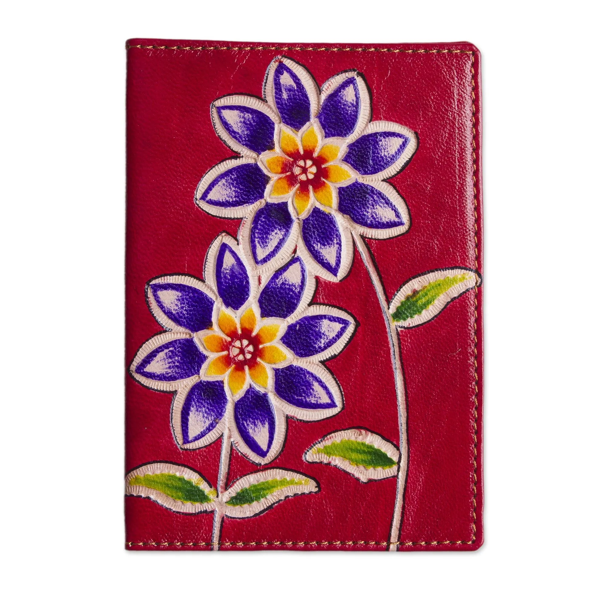 Lovely Traveler in Red Red Leather Passport Cover with Hand Painted Flowers