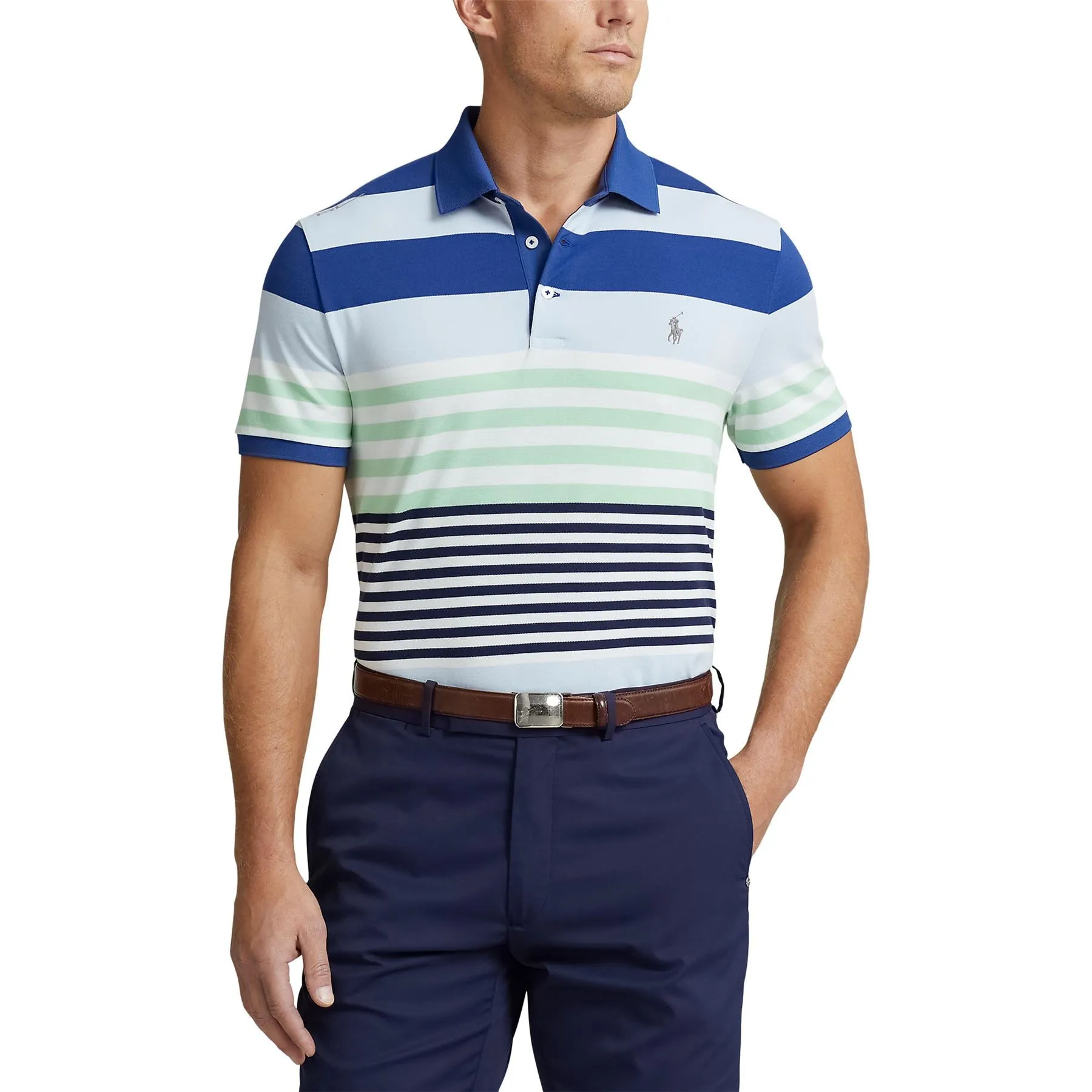 RLX Tailored Fit Cotton Knit Stripe Polo Oxford Blue Multi - SS24