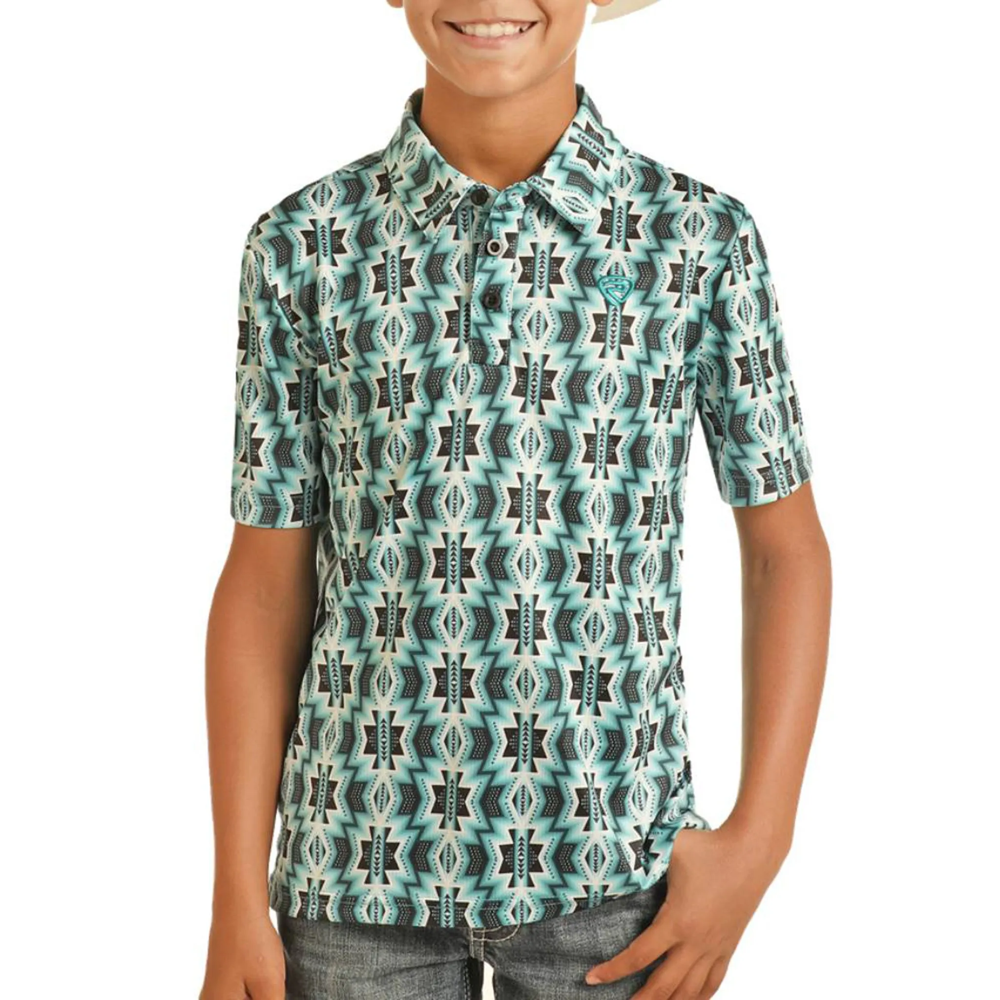 Rock and Roll Boy's Turquoise Aztec Short Sleeve Polo